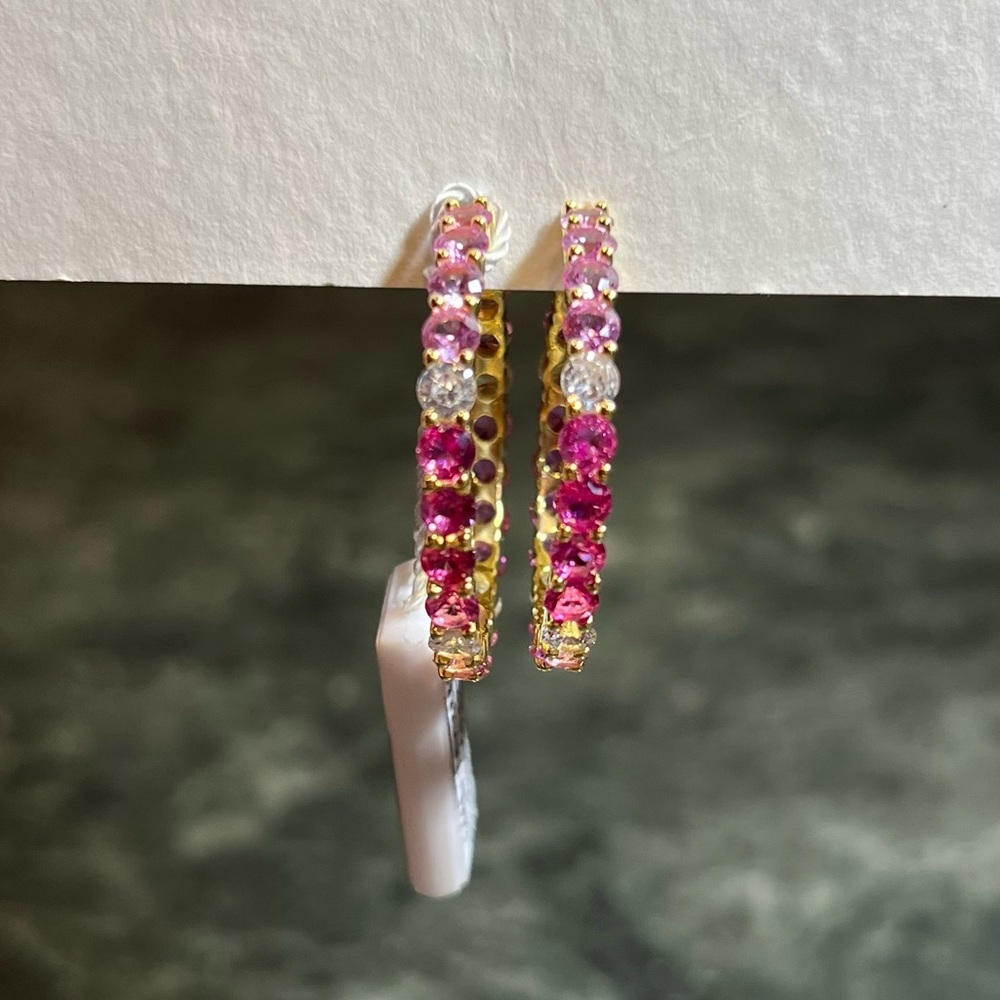 Hoop Earrings Gold Plated Adina Eden Jewels Pink Multi Colored Round Stone NWT - Picture 6 of 12